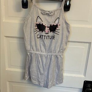 223 Girls' Light Gray Cat Graphic One-Piece Romper - Cattitude
